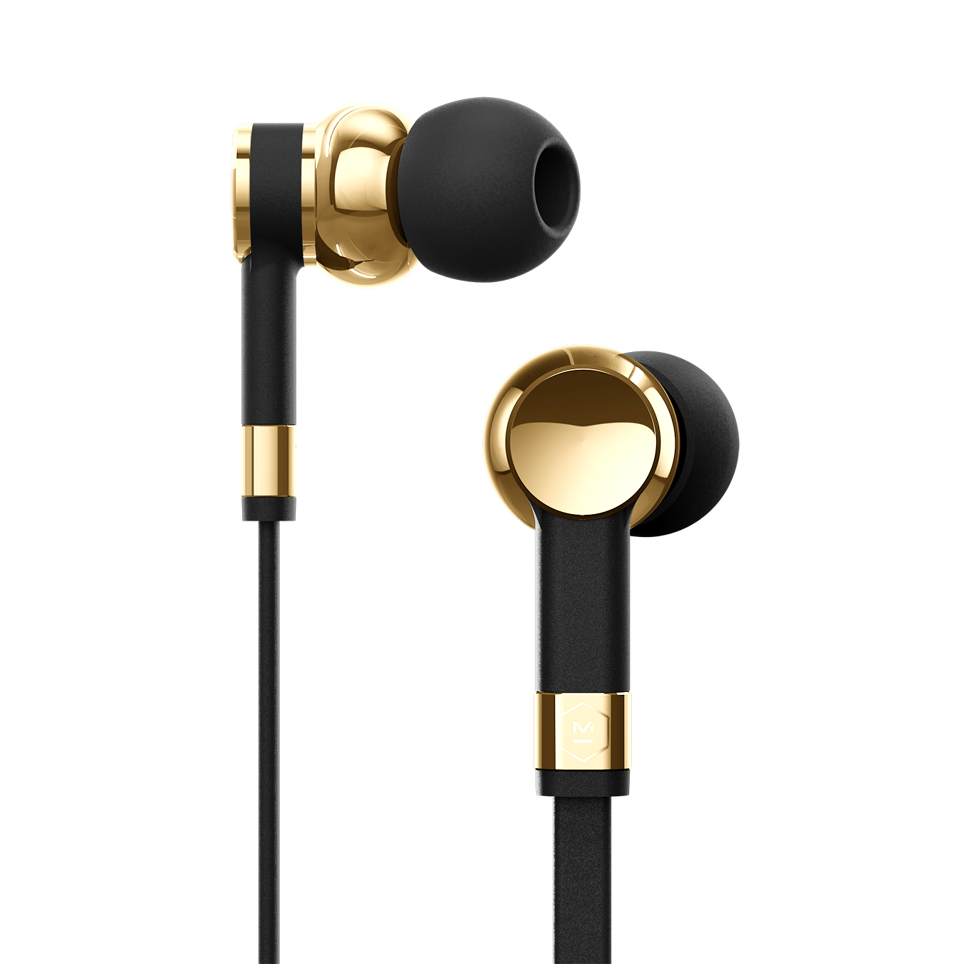 Wired black and gold ME05 Earphones, one facing sideways, one facing the camera against a white background | gallery ME05GD-MK2