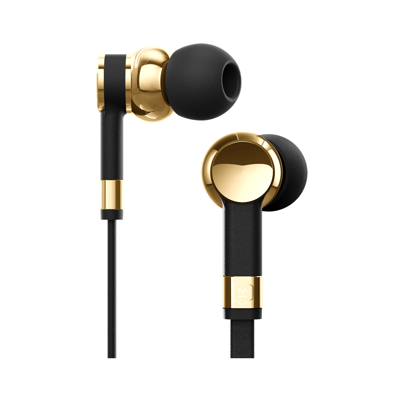 Wired black and gold ME05 Earphones, one facing sideways, one facing the camera against a white background | gallery ME05GD-MK2