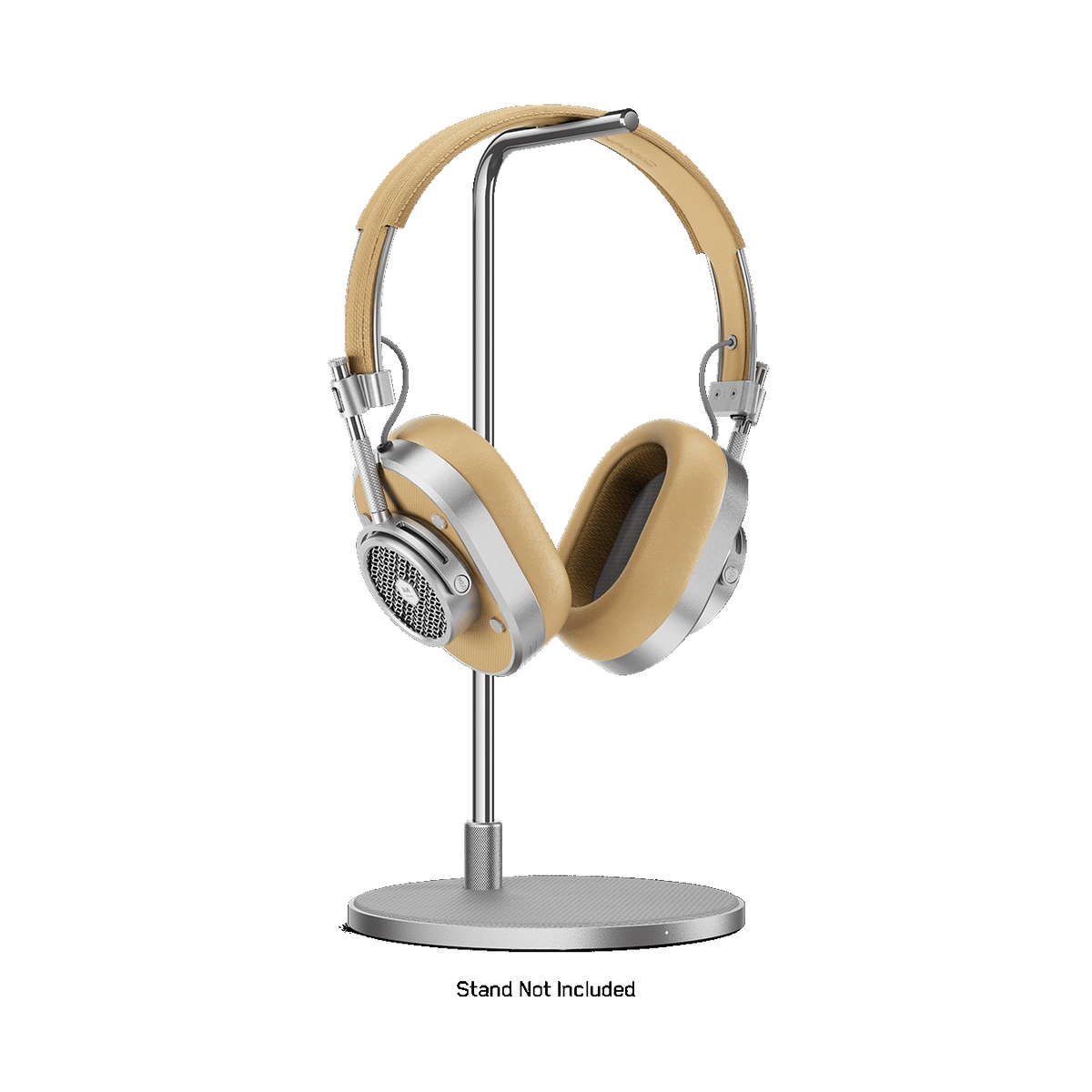 Silver and tan MH40 Wireless Headphones placed on a black headphone stand | gallery MH40S6-W2