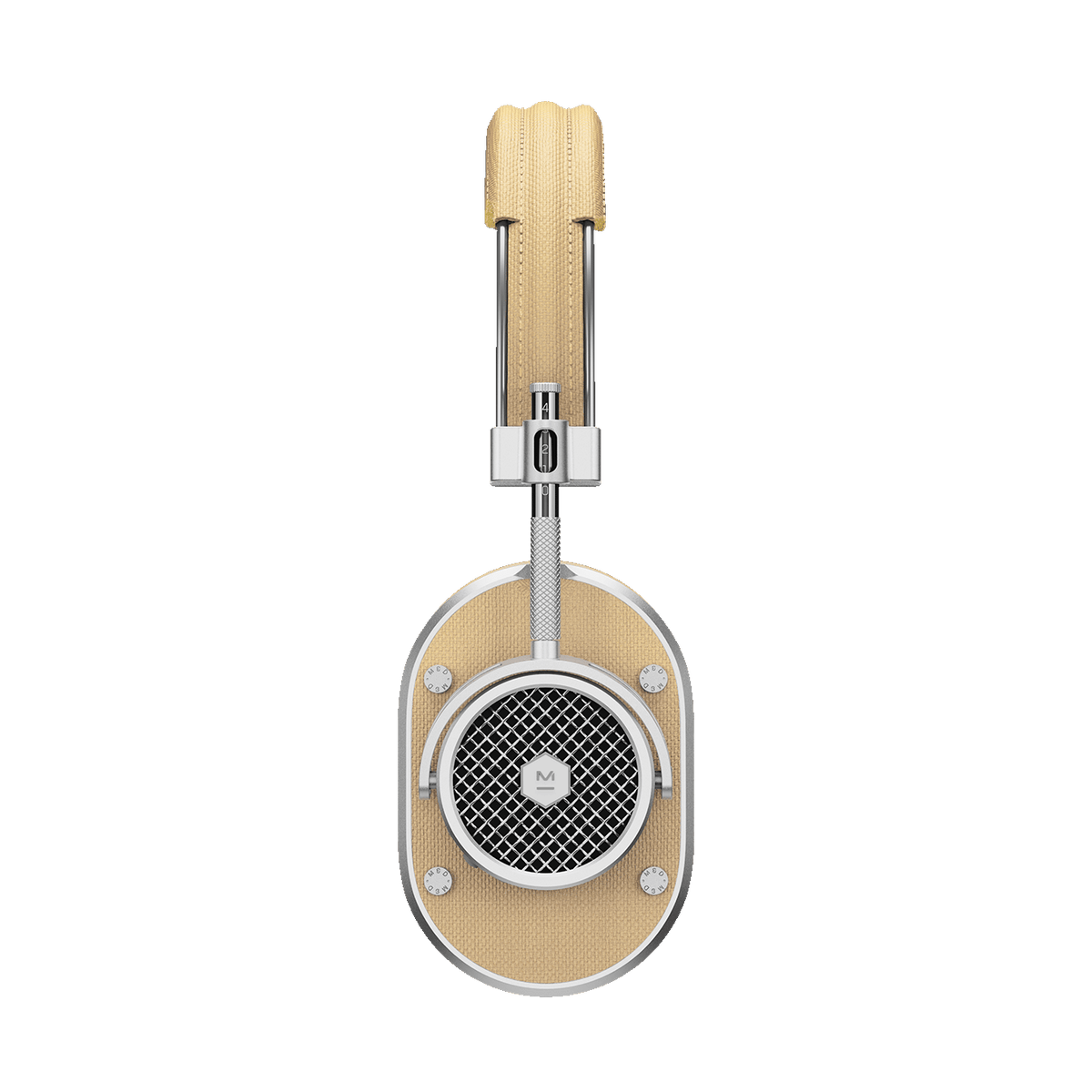 Side view of silver and tan MH40 Wireless Headphones showing headband and ear cup with grille | gallery MH40S6-W2