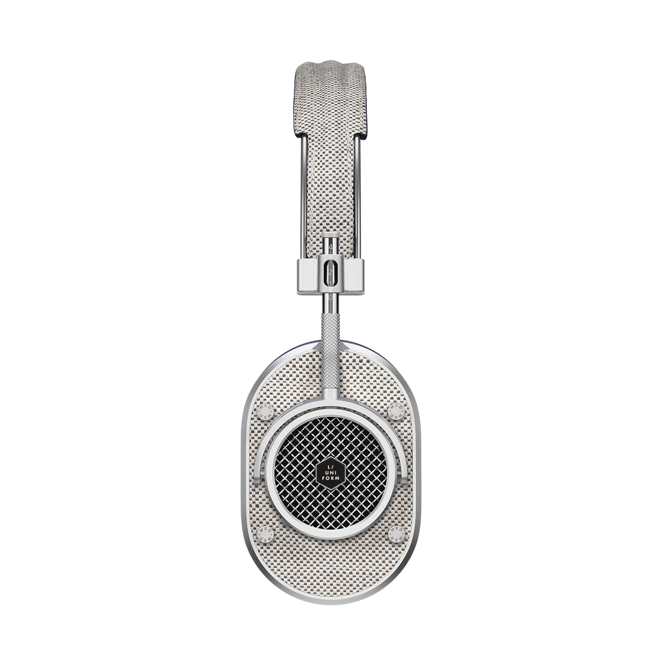 Side view of silver and navy L/UNIFORM MH40 Wireless Headphones showing headband and ear cup with grille | gallery MH40W2-LU2