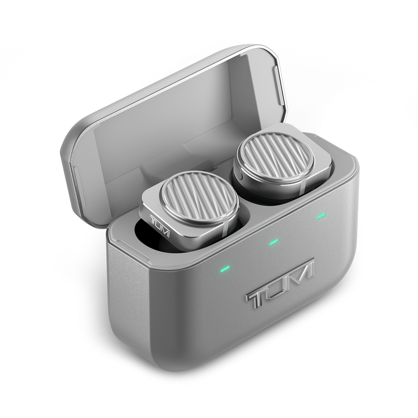 A pair of silver TUMI MW09 True Wireless Earphones inside an open silver charging case | gallery MW09S-TUMI